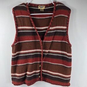 Vintage Northwest Blue Striped V-Neck Button Vest Women's Size L Brown Red Cream